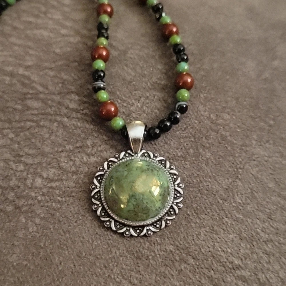 Handmade Agate Swarovski Pearl Czech Glass Pendant Necklace - Picture 2 of 8